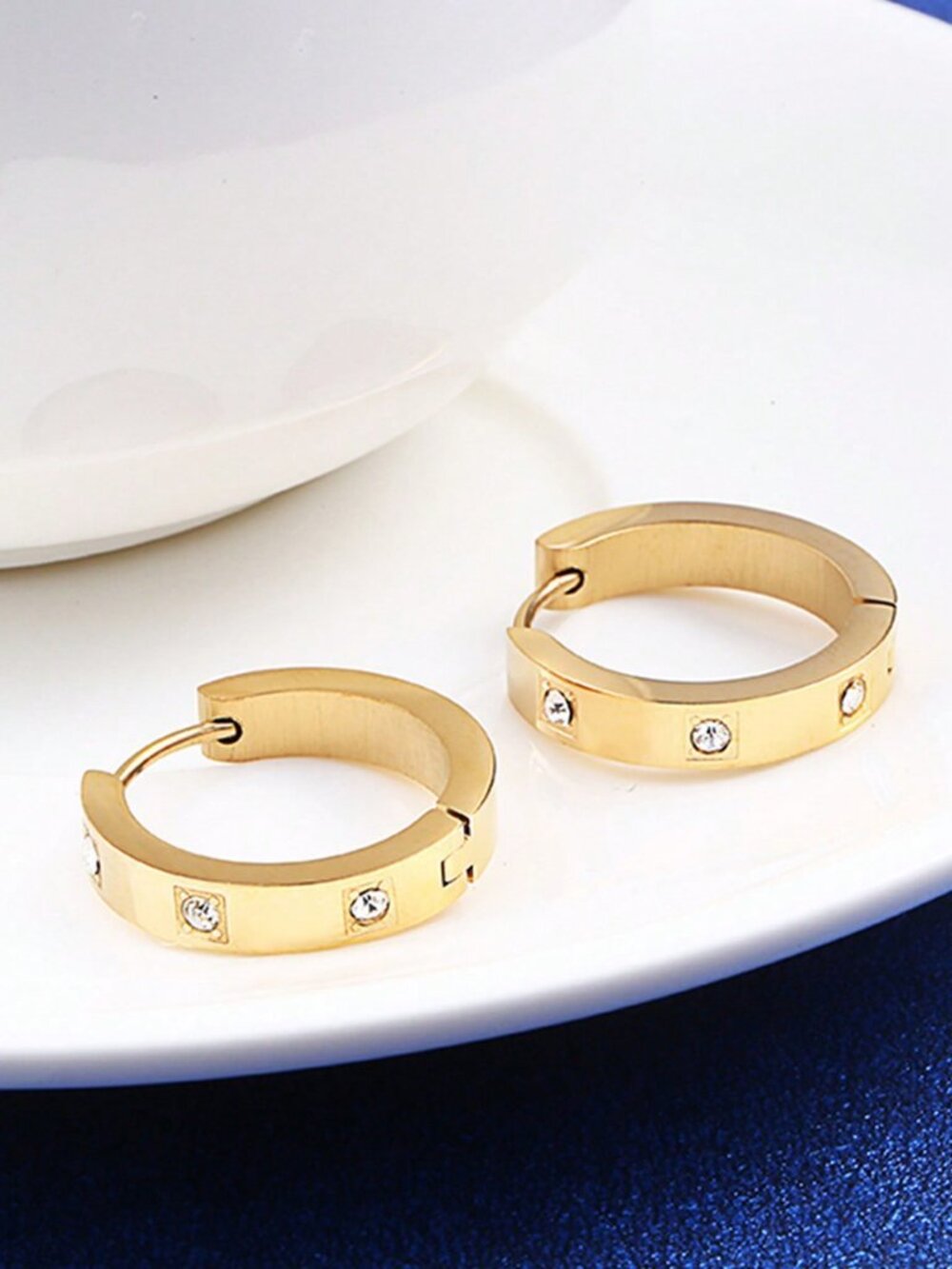 Gold Women's Exquisite Stainless Steel Cubic Zirconia Decor Hoop Earrings - Picture 4 of 8